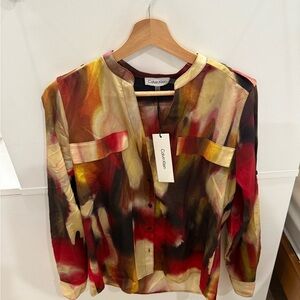 Calvin Klein Red and Yellow Abstract Blouse